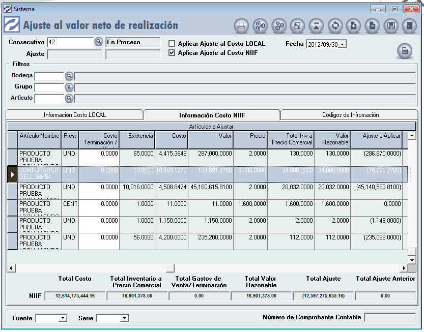 Ajuste al valor Neto Realizable (VNR) Esta herramienta permite hacer los ajustes a los costos NIIF correspondientes al valor neto realizable, la fórmula utilizada para el cálculo del ajuste es la