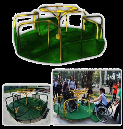 Función: Es un medio de diversión que consiste en una plataforma rotatoria, la cual integra a personas con discapacidades. Dimensión maquina: Diámetro 2500 x 1200 mm.
