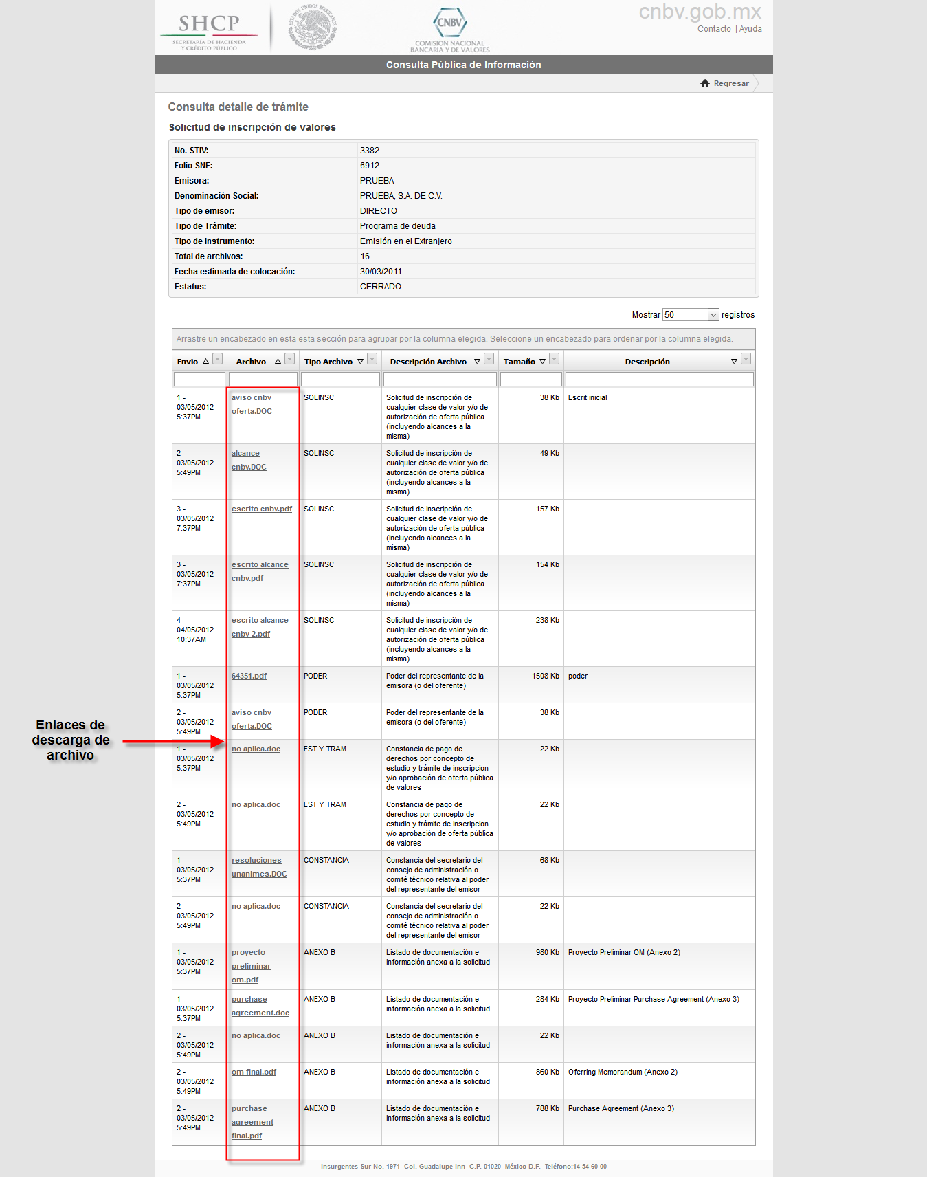 La columna Archivo muestra los enlaces de descarga para cada archivo, el usuario puede abrir o