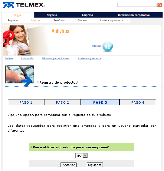 Paso 3. Regístrate! Para tener tus actualizaciones Se abrirá la página de Telmex, dónde debes de registrar tú producto. (http://www.telmex.com/mx/hogar/ai_beneficiospdgy_antivirus_registroonline.