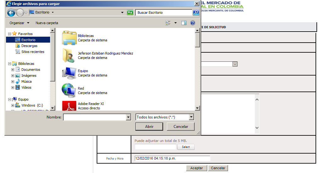Figura 8 Para adjuntar el documento de soporte se da clic en el botón Select, luego se busca el archivo en el sistema de carpetas de Windows (ver Figura 9).