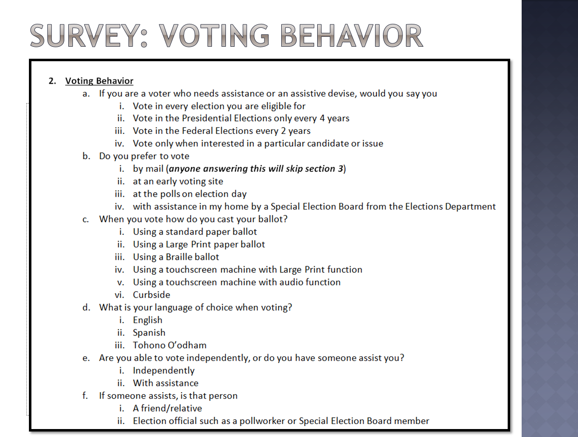 Encuesta de Asistencia al Votante En aquel momento hablamos de preguntas que se utilizarían para crear una