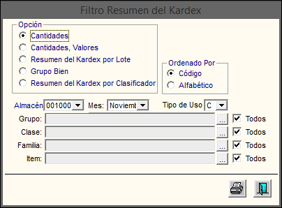 Resumen del Kardex: Esta opción permite obtener el Resumen del Kardex de Almacén por Cantidades, Cantidades - Valores, Lote, Grupo Bien, y Clasificador.