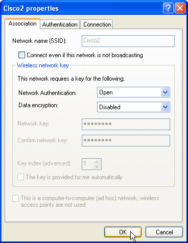 Cuando se abra la ventana de propiedades de Cisco#, desmarque la casilla Conectarse aunque la red no sea de difusión (Connect even if this network is not