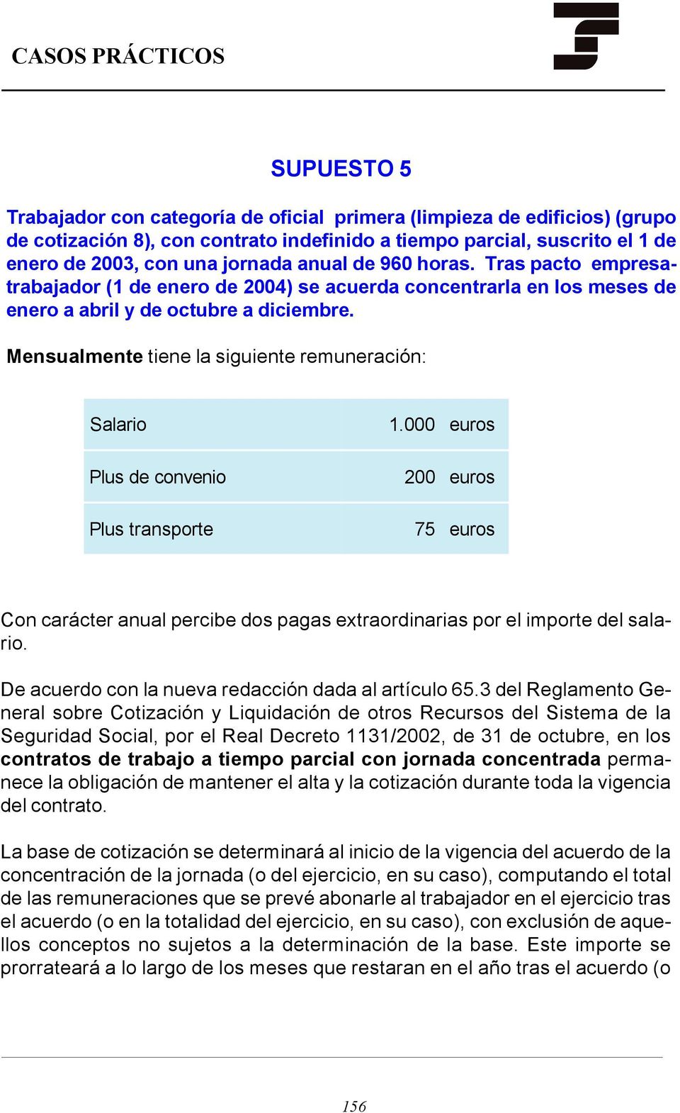 Mensualmente tiene la siguiente remuneración: Salario Plus de convenio 1.000 euros 200 euros Plus transporte 75 euros Con carácter anual percibe dos pagas extraordinarias por el importe del salario.