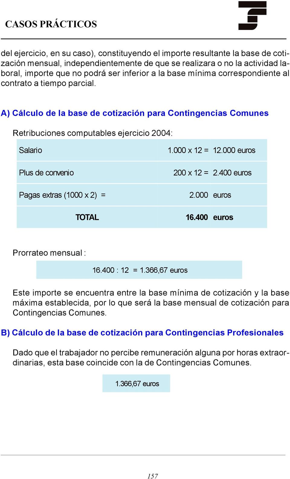 A) Cálculo de la base de cotización para Contingencias Comunes Retribuciones computables ejercicio 2004: Salario Plus de convenio Pagas extras (1000 x 2) = TOTAL 1.000 x 12 = 12.