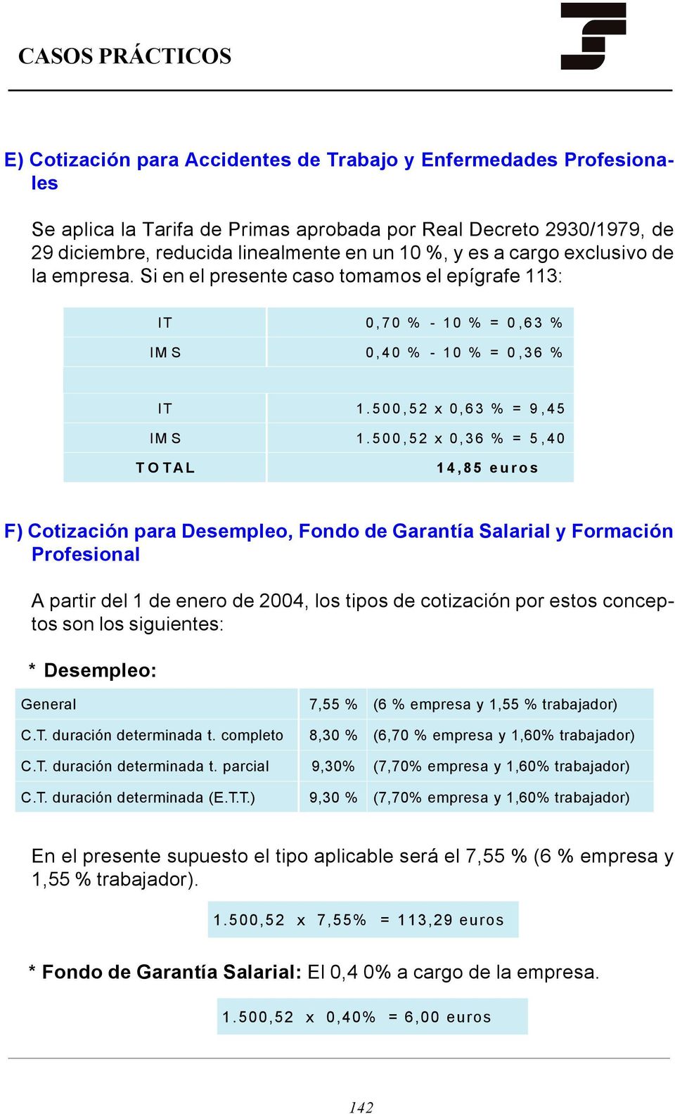 500,52 x 0,36 % = 5,40 TOTAL 14,85 euros F) Cotización para Desempleo, Fondo de Garantía Salarial y Formación Profesional A partir del 1 de enero de 2004, los tipos de cotización por estos conceptos