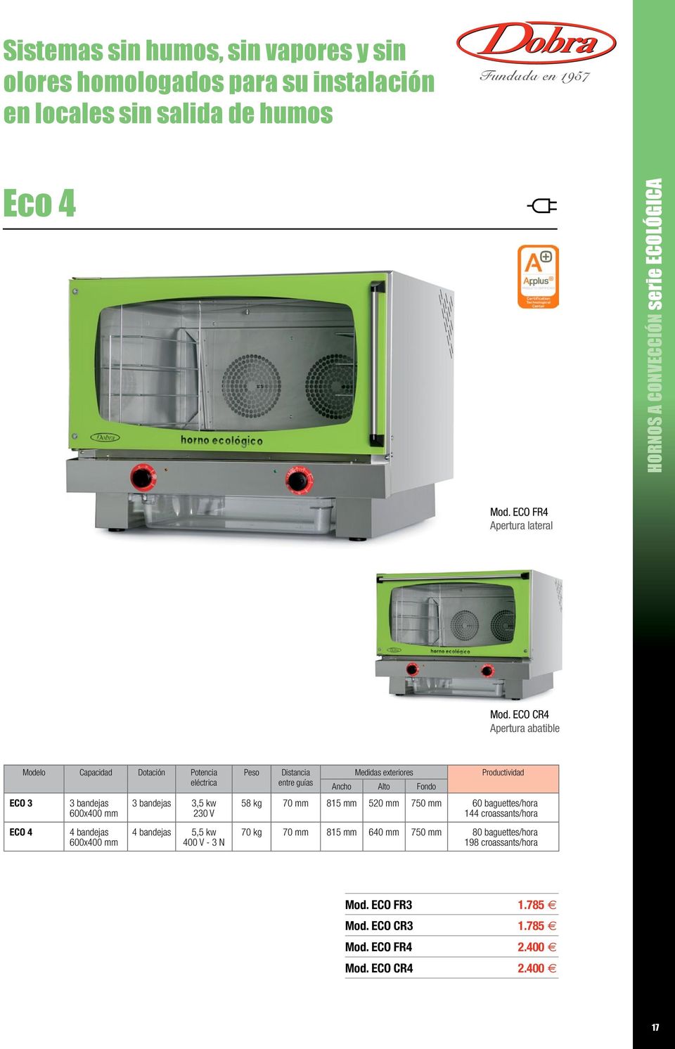 ECO CR4 Apertura abatible ECO 3 ECO 4 Modelo Capacidad Dotación Potencia eléctrica 3 bandejas 4 bandejas 3 bandejas 3,5 kw 230 V 4 bandejas 5,5 kw 400 V - 3 N
