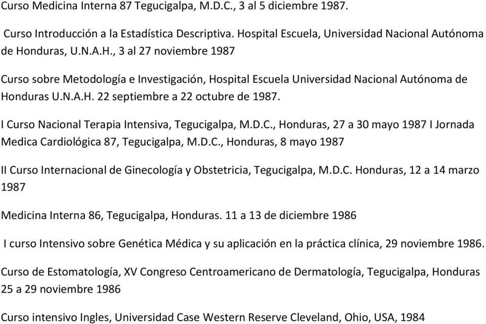 I Curso Nacional Terapia Intensiva, Tegucigalpa, M.D.C., Honduras, 27 a 30 mayo 1987 I Jornada Medica Cardiológica 87, Tegucigalpa, M.D.C., Honduras, 8 mayo 1987 II Curso Internacional de Ginecología y Obstetricia, Tegucigalpa, M.