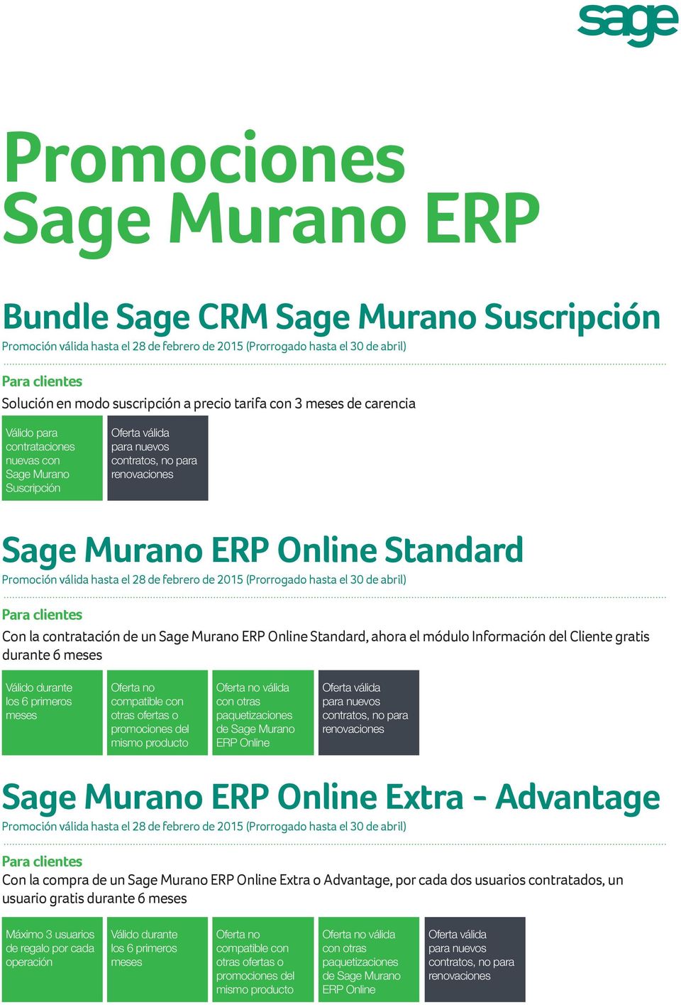 6 válida con otras paquetizaciones de Sage Murano ERP Online Sage Murano ERP Online Extra - Advantage Con la compra de un Sage Murano ERP Online Extra o Advantage,