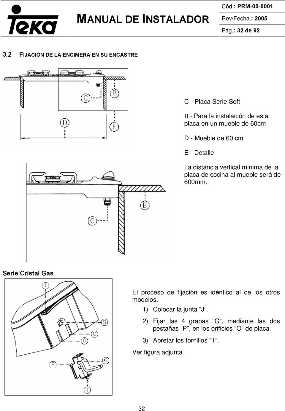 60cm D - Mueble de 60 cm E - Detalle La distancia vertical mínima de la placa de cocina al mueble será de 600mm.