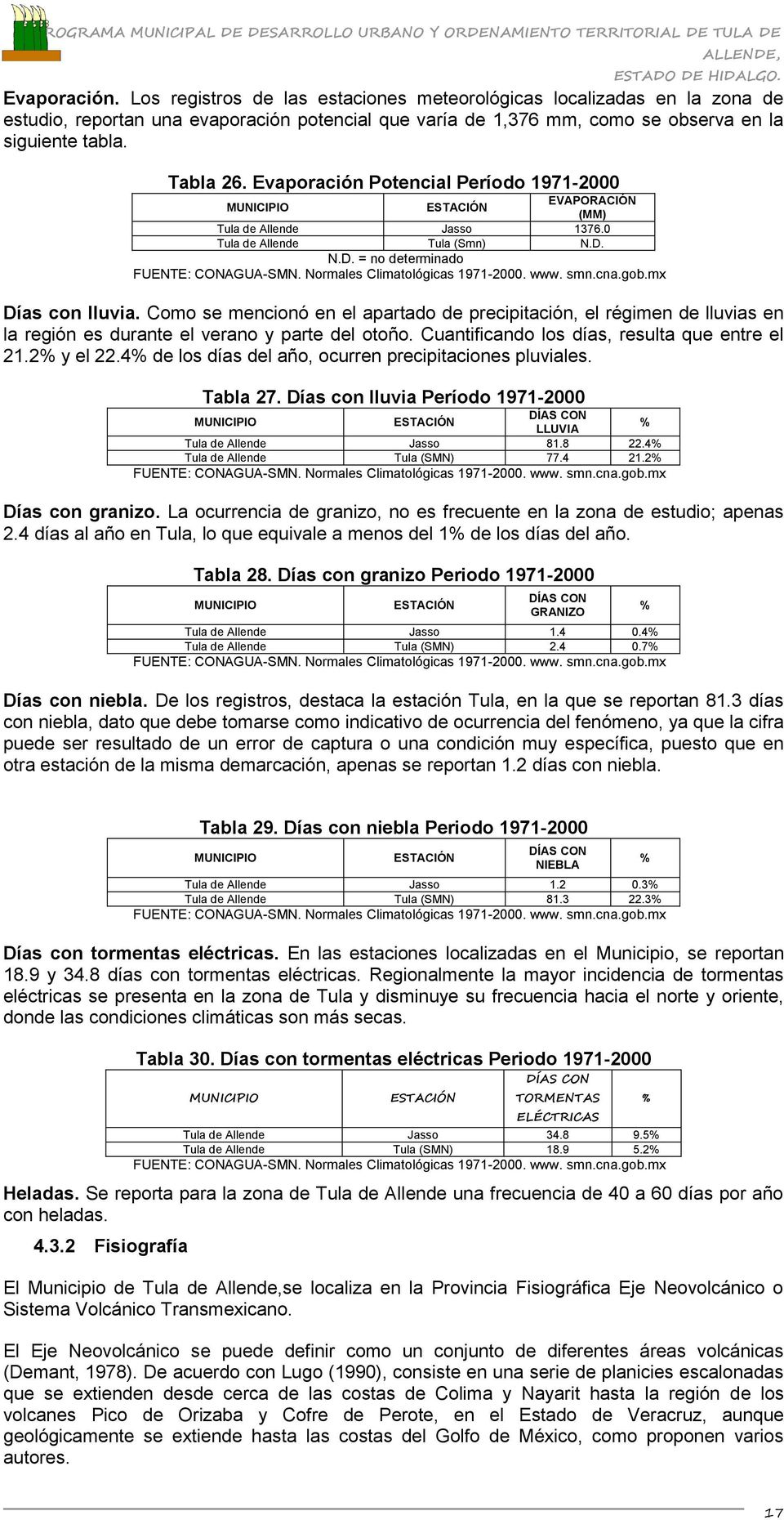 Normales Climatológicas 1971-2000. www. smn.cna.gob.mx Días con lluvia. Como se mencionó en el apartado de precipitación, el régimen de lluvias en la región es durante el verano y parte del otoño.