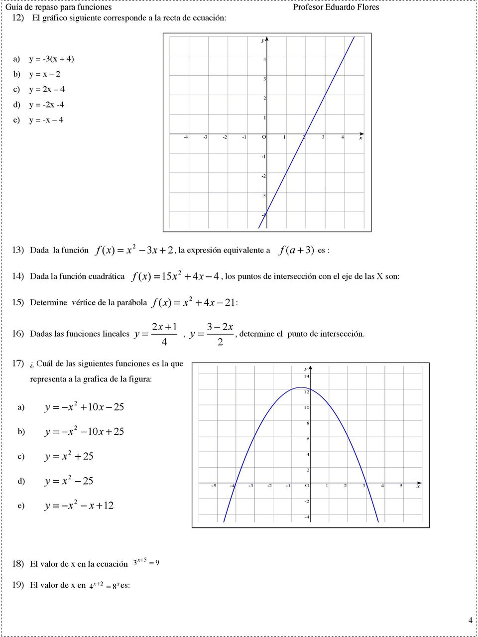 + x : -5 6) Dadas las funciones lineales + = x y, y 3 x =, determine el punto de intersección.