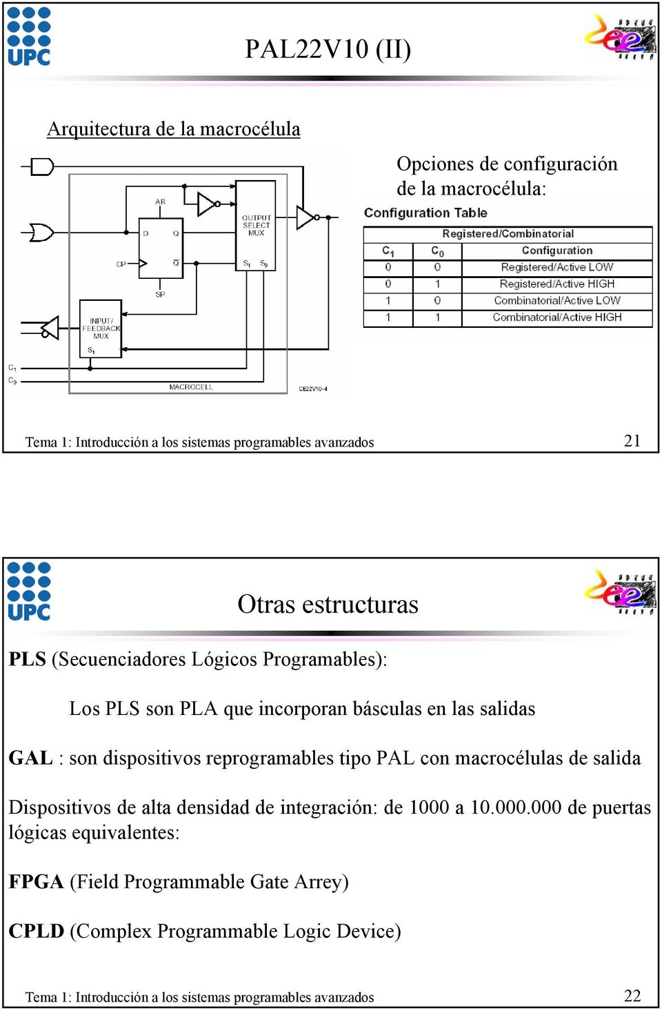 dispositivos reprogramables tipo PL con macrocélulas de salida Dispositivos de alta densidad de integración: de 1000 