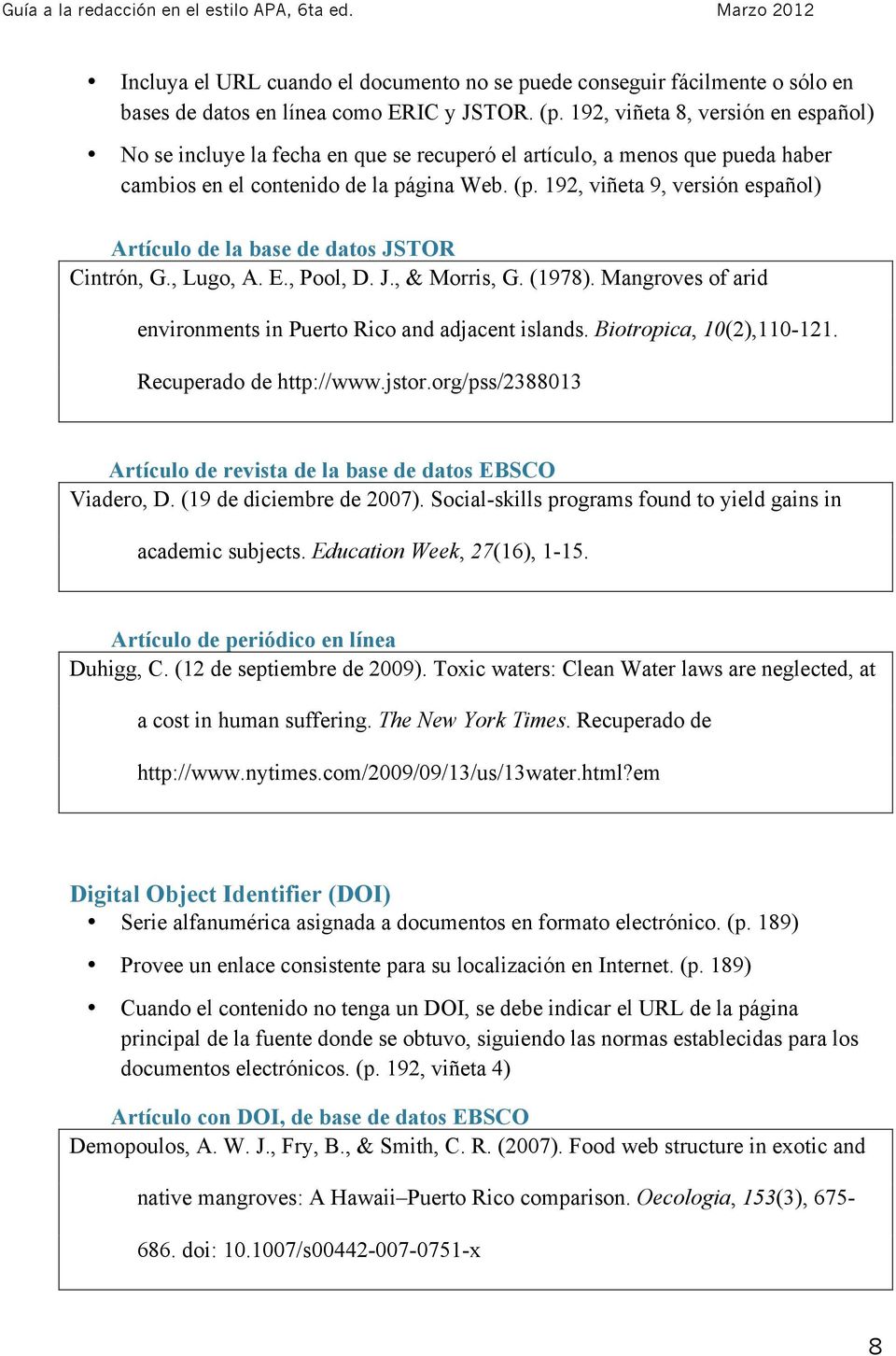 192, viñeta 9, versión español) Artículo de la base de datos JSTOR Cintrón, G., Lugo, A. E., Pool, D. J., & Morris, G. (1978). Mangroves of arid environments in Puerto Rico and adjacent islands.