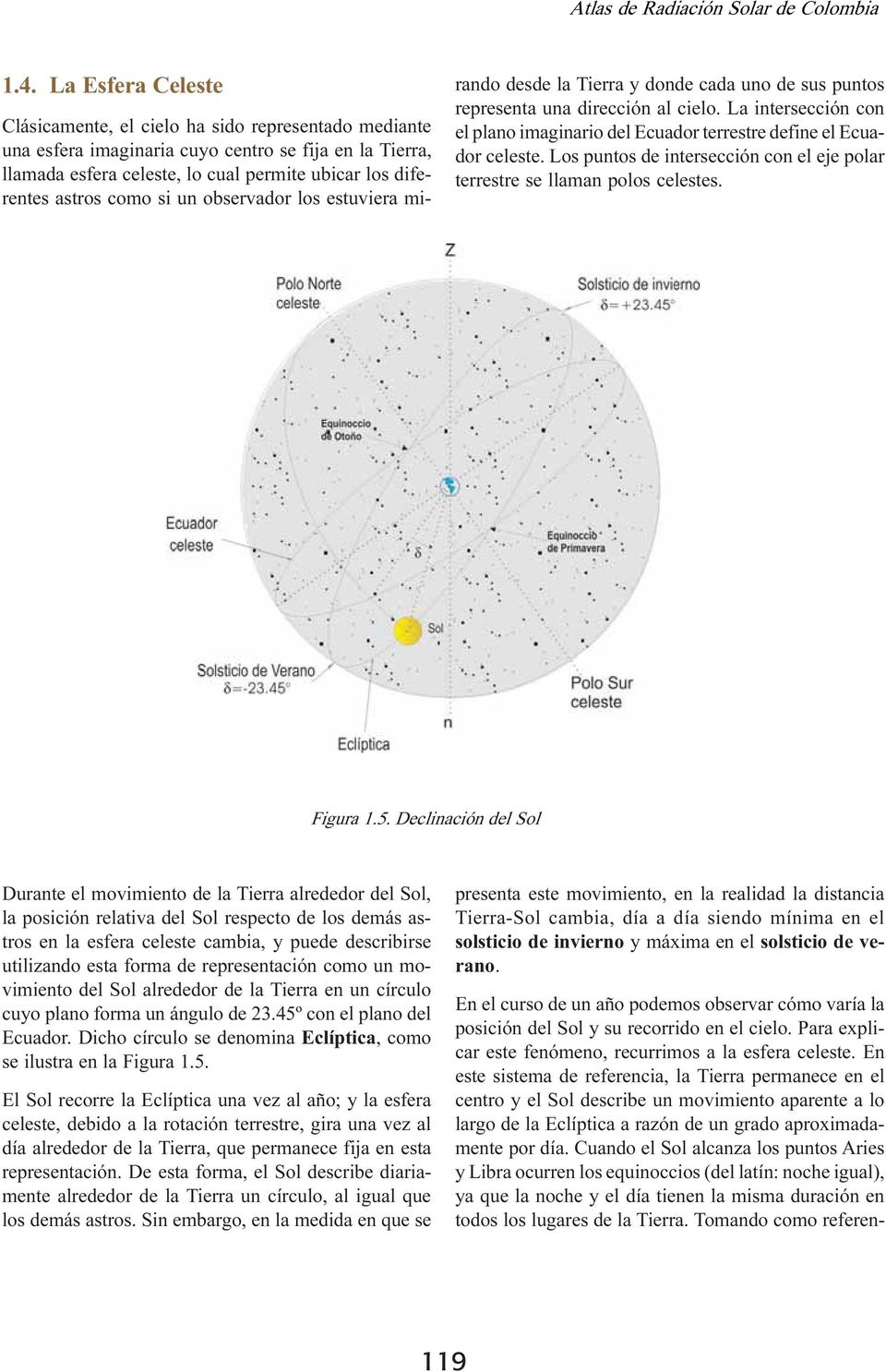 La intersección con el plano imaginario del Ecuador terrestre define el Ecuador celeste. Los puntos de intersección con el eje polar terrestre se llaman polos celestes. Figura 1.5.