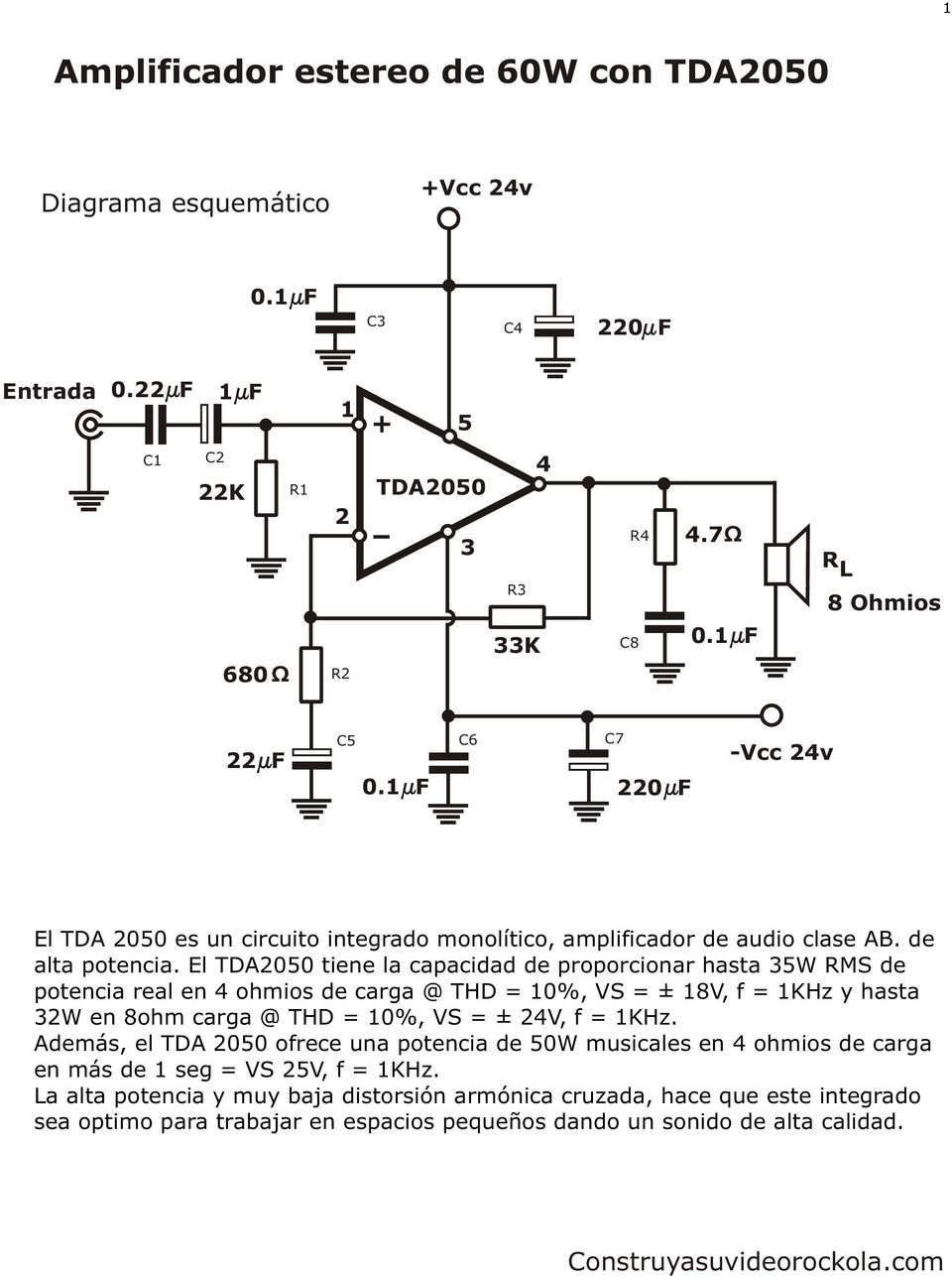 El TDA2050 tiene la capacidad de proporcionar hasta 35W MS de potencia real en 4 ohmios de carga @ THD = 10%, VS = ± 18V, f = 1KHz y hasta 32W en 8ohm carga @ THD = 10%, VS = ± 24V, f =