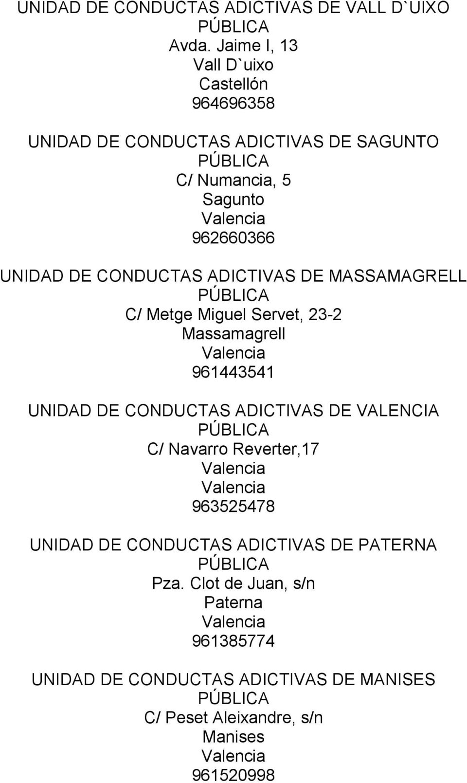 CONDUCTAS ADICTIVAS DE MASSAMAGRELL C/ Metge Miguel Servet, 23-2 Massamagrell 961443541 UNIDAD DE CONDUCTAS ADICTIVAS DE
