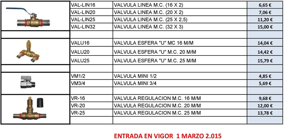 C. 25 M/M 15,79 VM1/2 VALVULA MINI 1/2 4,85 VM3/4 VALVULA MINI 3/4 5,69 VR-16 VALVULA REGULACION M.C. 16 M/M 9,68 VR-20 VALVULA REGULACION M.