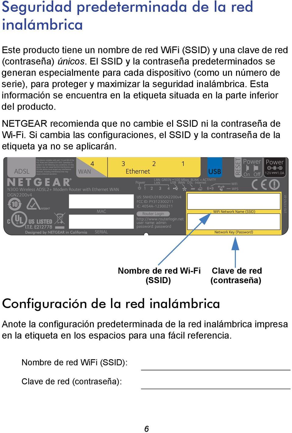 Esta información se encuentra en la etiqueta situada en la parte inferior del producto. NETGEAR recomienda que no cambie el SSID ni la contraseña de Wi-Fi.