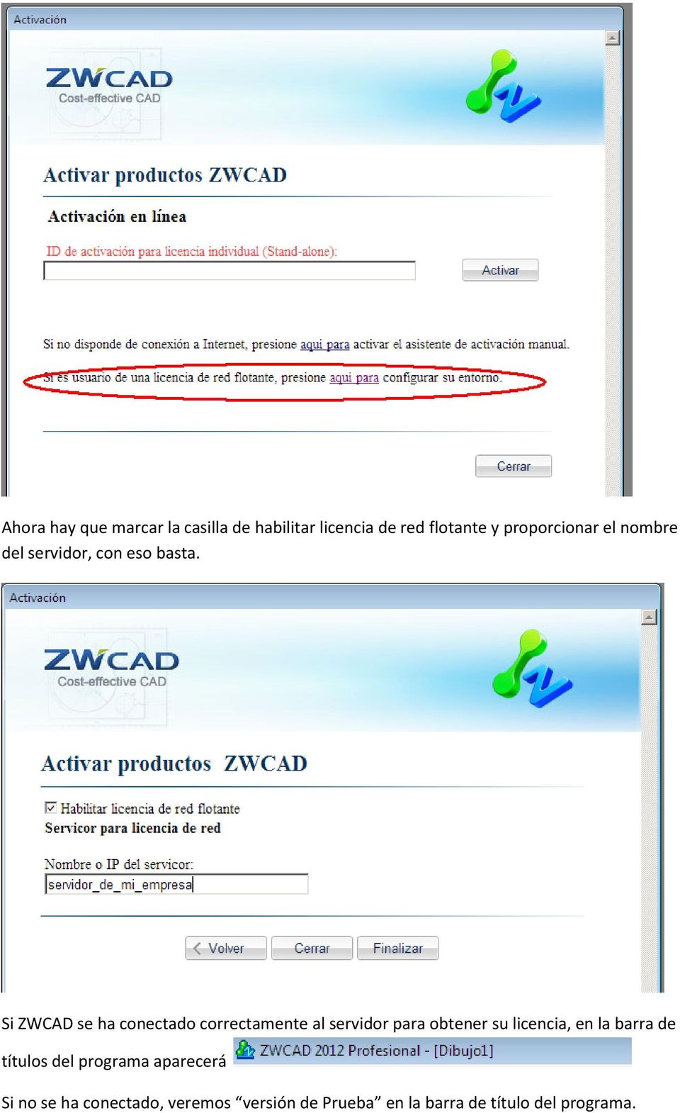 Si ZWCAD se ha conectado correctamente al servidor para obtener su licencia, en la