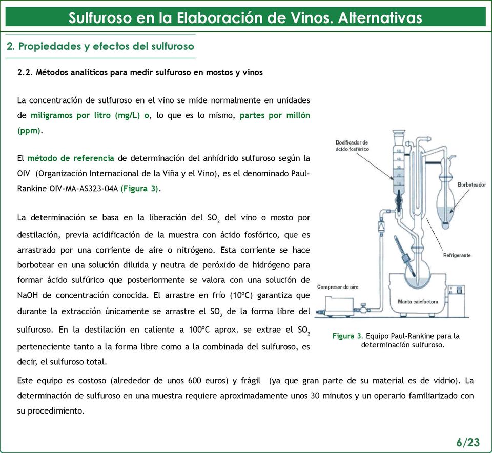 El método de referencia de determinación del anhídrido sulfuroso según la OIV (Organización Internacional de la Viña y el Vino), es el denominado PaulRankine OIV-MA-AS323-04A (Figura 3).