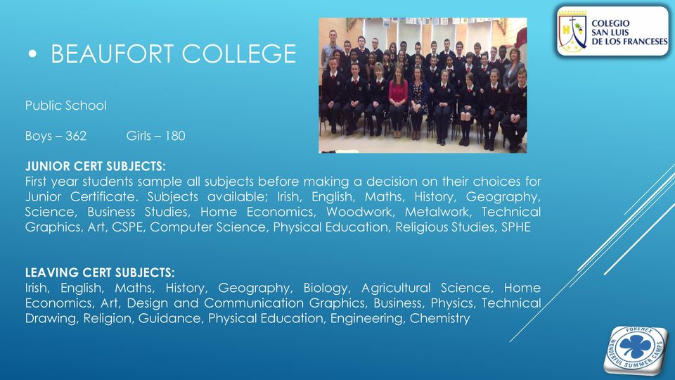 Subjects available; Irish, English, Maths, History, Geography, Science, Business Studies, Home Economics, Woodwork, Metalwork, Technical Graphics, Art, CSPE,