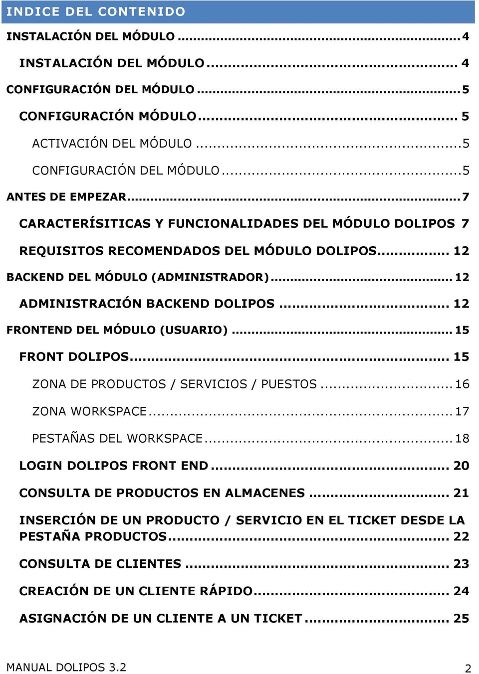 .. 12 ADMINISTRACIÓN BACKEND DOLIPOS... 12 FRONTEND DEL MÓDULO (USUARIO)... 15 FRONT DOLIPOS... 15 ZONA DE PRODUCTOS / SERVICIOS / PUESTOS... 16 ZONA WORKSPACE... 17 PESTAÑAS DEL WORKSPACE.