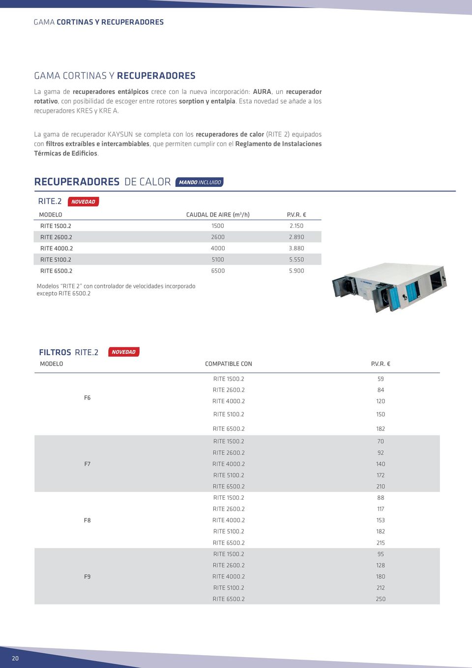 La gama de recuperador KAYSUN se completa con los recuperadores de calor (RITE 2) equipados con filtros extraíbles e intercambiables, que permiten cumplir con el Reglamento de Instalaciones Térmicas