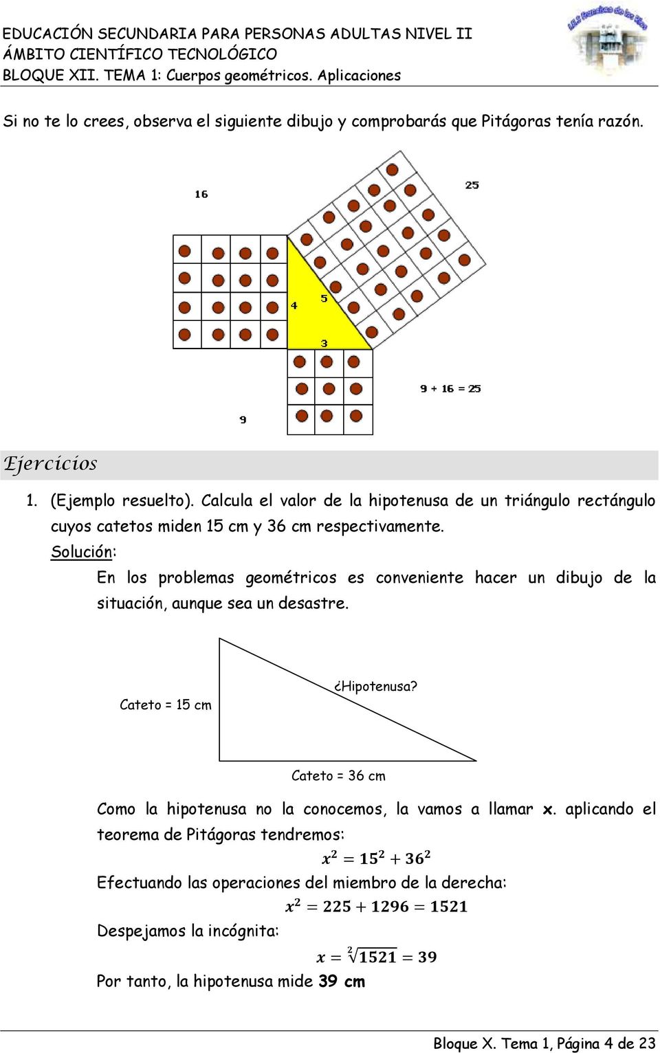 Solución: En los problemas geométricos es conveniente hacer un dibujo de la situación, aunque sea un desastre. Cateto = 15 cm Hipotenusa?
