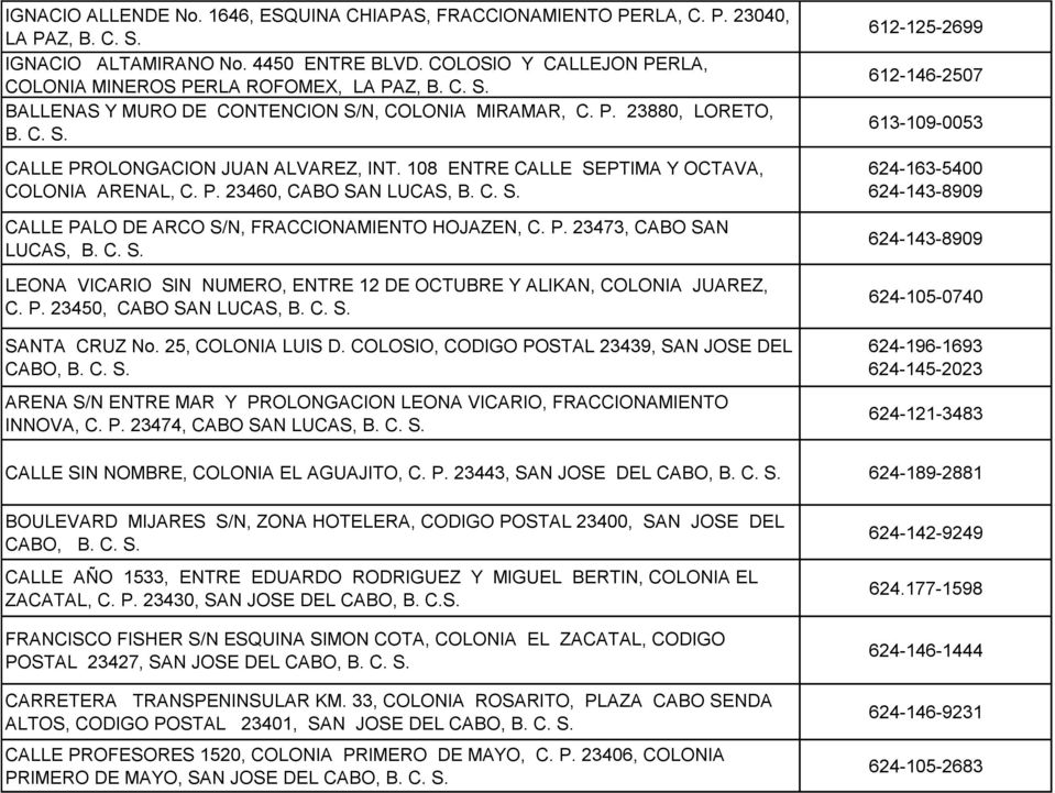 108 ENTRE CALLE SEPTIMA Y OCTAVA, COLONIA ARENAL, C. P. 23460, CABO SAN LUCAS, B. C. S. CALLE PALO DE ARCO S/N, FRACCIONAMIENTO HOJAZEN, C. P. 23473, CABO SAN LUCAS, B. C. S. LEONA VICARIO SIN NUMERO, ENTRE 12 DE OCTUBRE Y ALIKAN, COLONIA JUAREZ, C.
