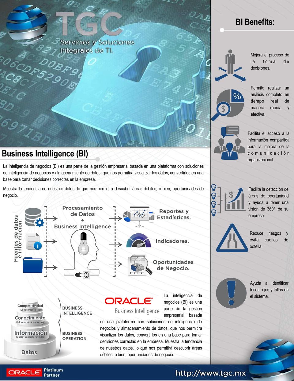 Business Intelligence (BI) La inteligencia de negocios (BI) es una parte de la gestión empresarial basada en una plataforma con soluciones de inteligencia de negocios y almacenamiento de datos, que