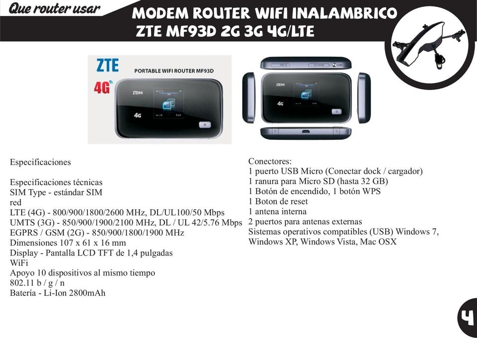 76 Mbps EGPRS / GSM (2G) - 850/900/1800/1900 MHz Dimensiones 107 x 61 x 16 mm Display - Pantalla LCD TFT de 1,4 pulgadas WiFi Apoyo 10 dispositivos al mismo tiempo 802.