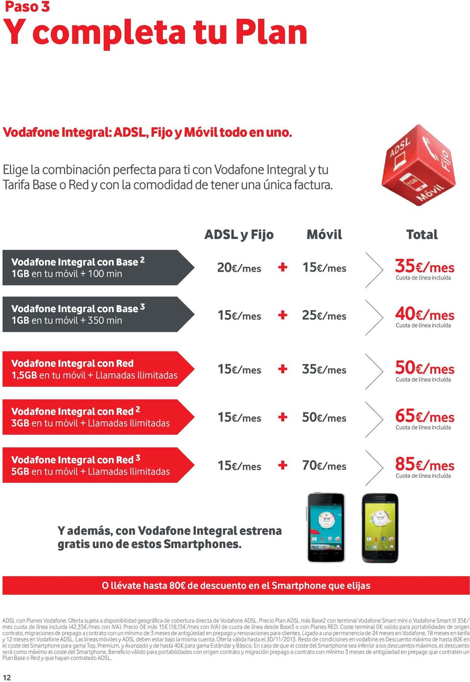 de línea incluída Integral con Red 1,5GB en tu móvil + Llamadas Ilimitadas 15 /mes + 35 /mes 50 /mes Cuota de línea incluída Integral con Red 2 3GB en tu móvil + Llamadas Ilimitadas 15 /mes + 50 /mes