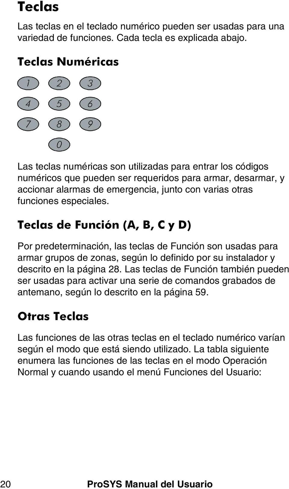 funciones especiales. Teclas de Función (A, B, C y D) Por predeterminación, las teclas de Función son usadas para armar grupos de zonas, según lo definido por su instalador y descrito en la página 28.