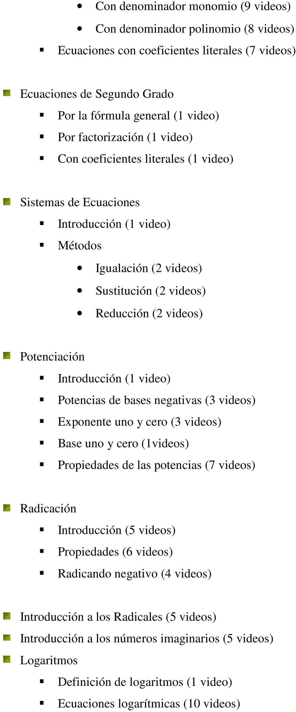 video) Potencias de bases negativas (3 videos) Exponente uno y cero (3 videos) Base uno y cero (1videos) Propiedades de las potencias (7 videos) Radicación Introducción (5 videos) Propiedades (6