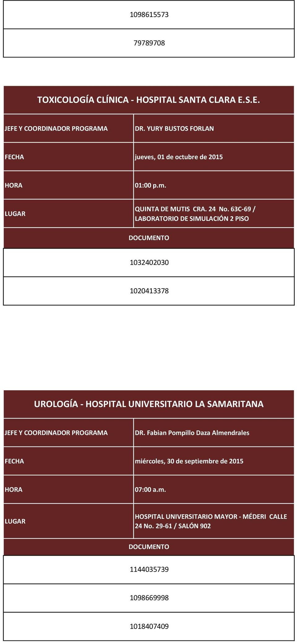 63C-69 / LABORATORIO DE SIMULACIÓN 2 PISO 1032402030 1020413378 UROLOGÍA - HOSPITAL UNIVERSITARIO LA
