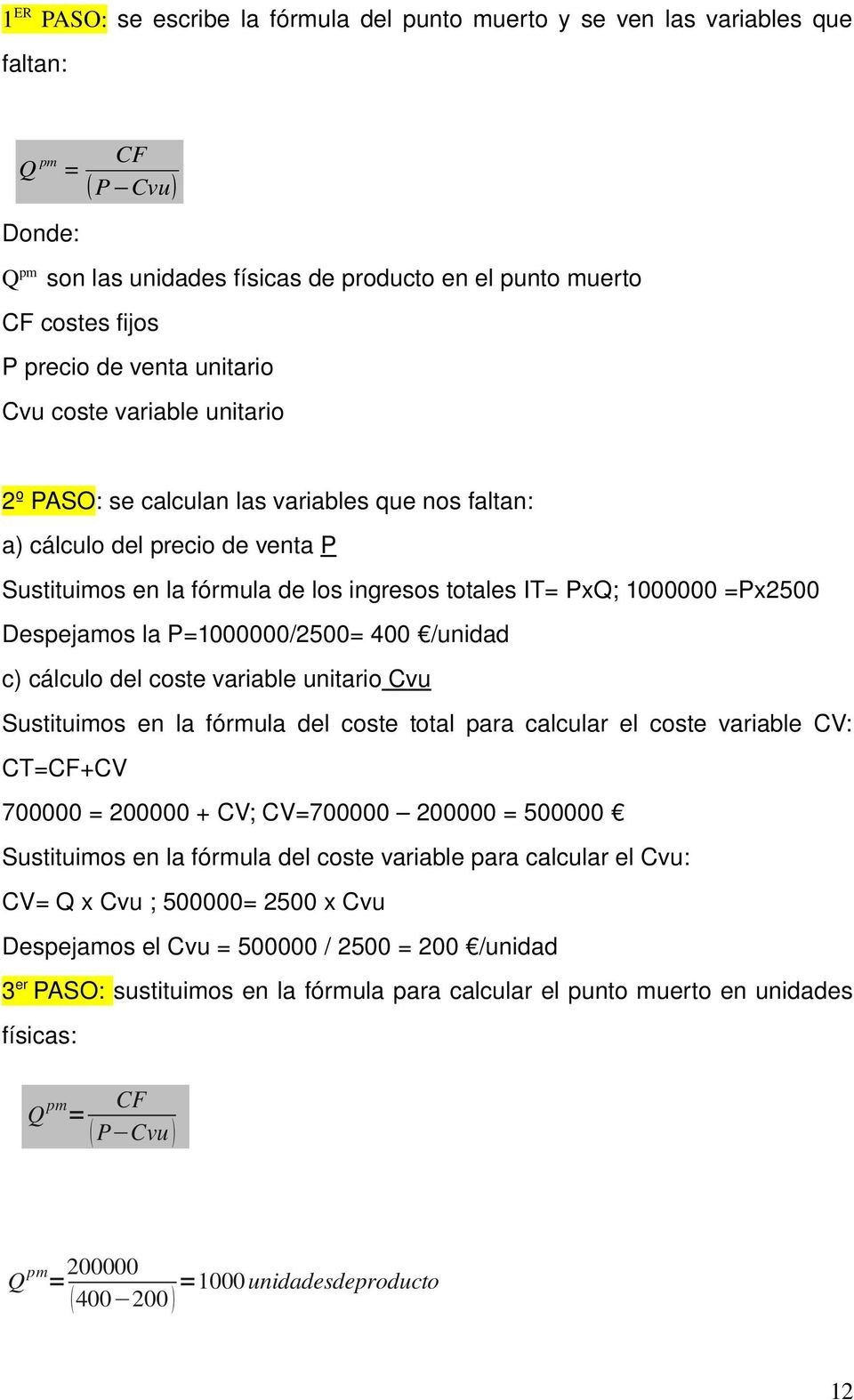 Despejamos la P=1000000/2500= 400 /unidad c) cálculo del coste variable unitario Cvu Sustituimos en la fórmula del coste total para calcular el coste variable CV: CT=+CV 700000 = 200000 + CV;