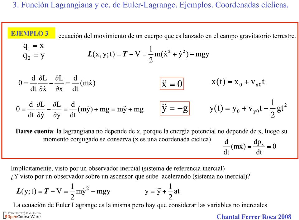 Darse cuenta: la lagrangiana no depende de x, porque la energía potencial no depende de x, luego su momento conjugado se conserva (x es una coordenada