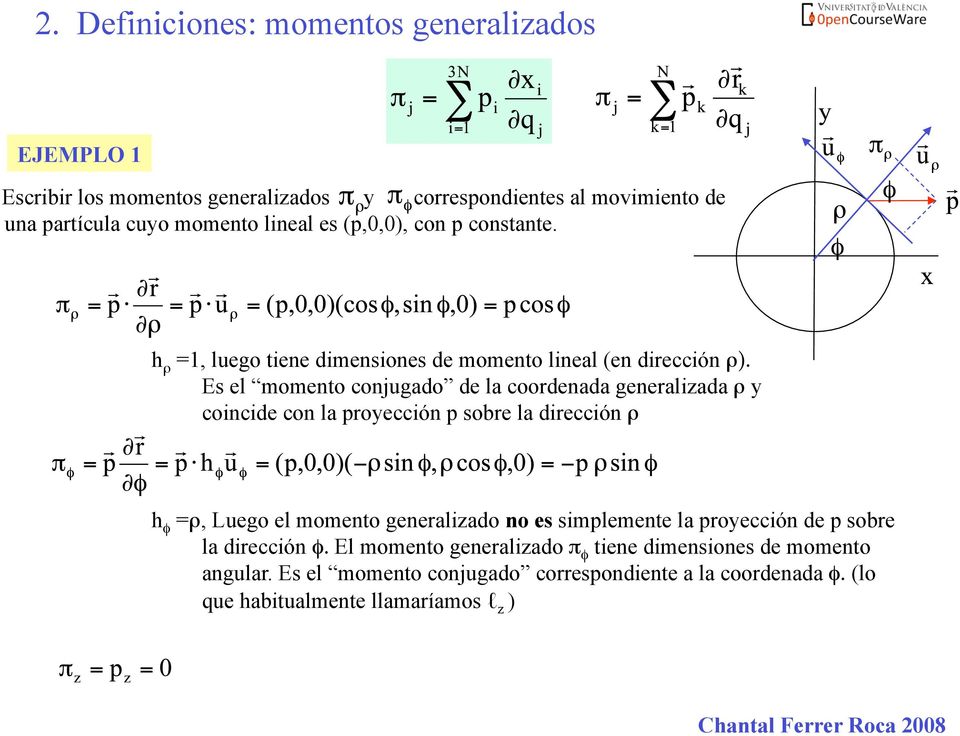 Es el momento conjugado de la coordenada generalizada ρ y coincide con la proyección p sobre la dirección ρ h φ =ρ, Luego el momento generalizado no es