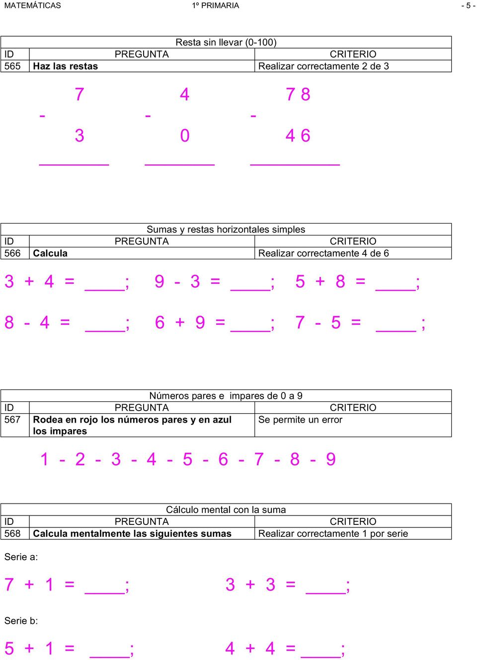 impares de 0 a 9 567 Rodea en rojo los números pares y en azul los impares Se permite un error 1-2 - 3-4 - 5-6 - 7-8 - 9 Cálculo mental con