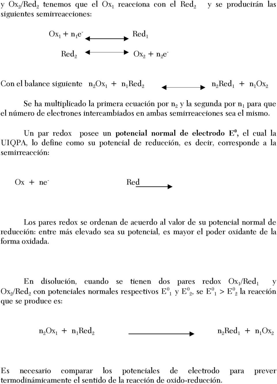 Un par redox posee un potencial normal de electrodo E 0, el cual la UIQPA, lo define como su potencial de reducción, es decir, corresponde a la semirreacción: Ox + ne - Red Los pares redox se ordenan