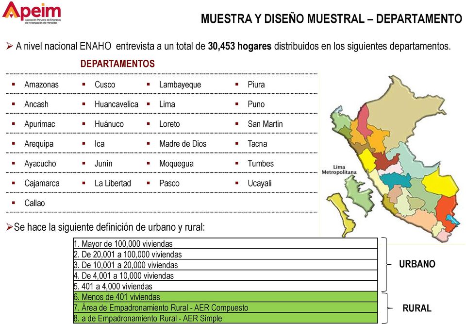 Cajamarca La Libertad Pasco Ucayali Callao Se hace la siguiente definición de urbano y rural: 1. Mayor de 100,000 viviendas 2. De 20,001 a 100,000 viviendas 3.