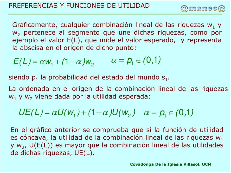 La ordenada en el origen de la combinación lineal de las riquezas w 1 y w viene dada por la utilidad esperada: UE(L) = αu(w 1) + ( 1 α )U(w ) α = p 1 ( 01, ) En el gráfico anterior se