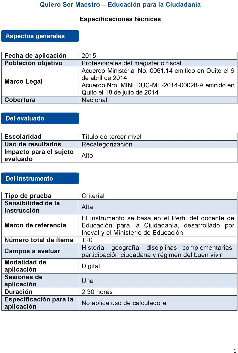 MINEDUC-ME-2014-00028-A emitido en Quito el 18 julio 2014 Cobertura Nacional Del evaluado Escolaridad Uso resultados Impacto para el sujeto evaluado Título tercer nivel Recategorización Alto Del