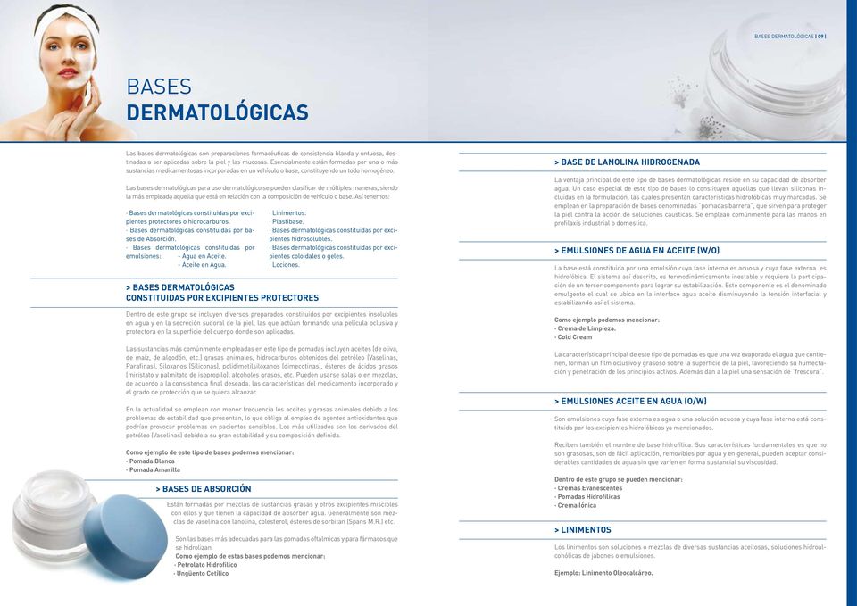 Las bases dermatolóicas para uso dermatolóico se pueden clasificar de múltiples maneras, siendo la más empleada aquella que está en relación con la composición de vehículo o base.
