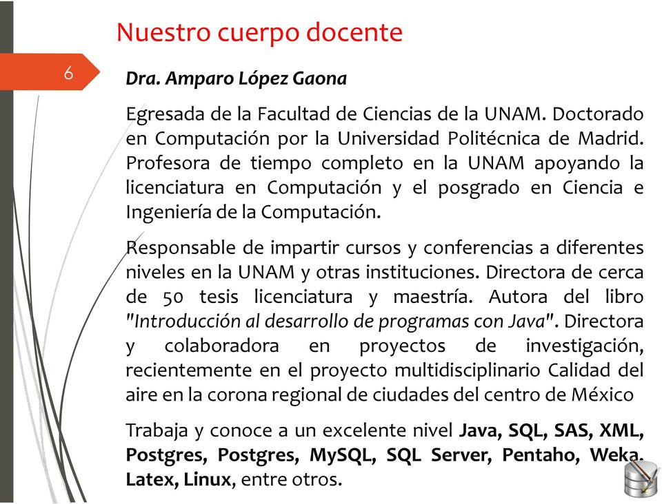 Responsable de impartir cursos y conferencias a diferentes niveles en la UNAM y otras instituciones. Directora de cerca de 50 tesis licenciatura y maestría.