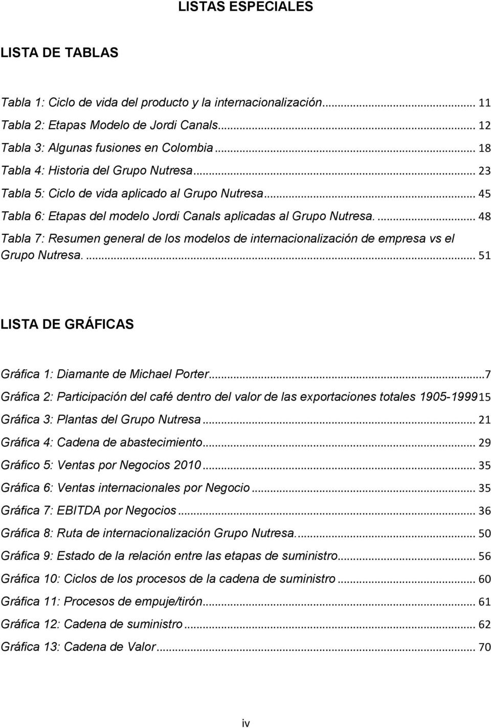 ... 48 Tabla 7: Resumen general de los modelos de internacionalización de empresa vs el Grupo Nutresa.... 51 LISTA DE GRÁFICAS Gráfica 1: Diamante de Michael Porter.