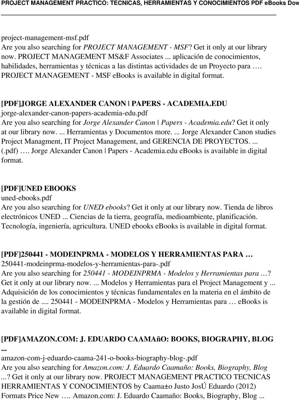 PROJECT MANAGEMENT - MSF ebooks is available in digital [PDF]JORGE ALEXANDER CANON PAPERS - ACADEMIA.EDU jorge-alexander-canon-papers-academia-edu.