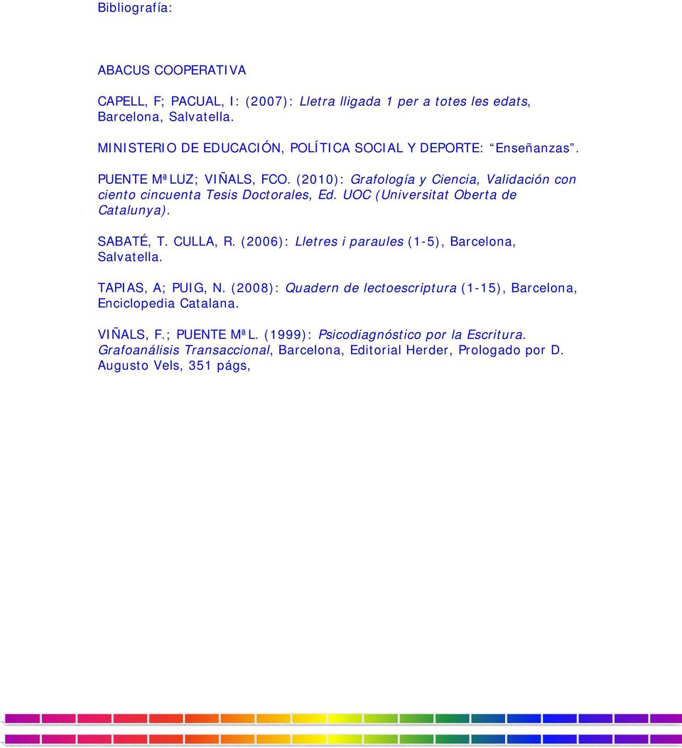 (2010): Grafología y Ciencia, Validación con ciento cincuenta Tesis Doctorales, Ed. UOC (Universitat Oberta de Catalunya). SABATÉ, T. CULLA, R.